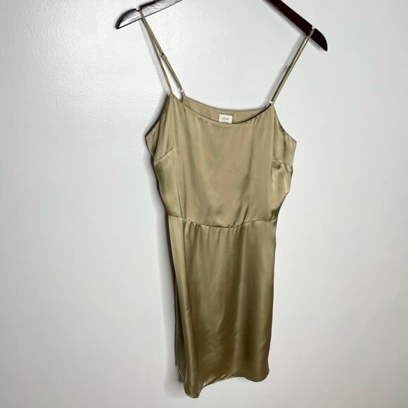 Aritzia Wilfred Isabelle Slip Mini Dress 6 Tan Gold Satin Minimalist Square Neck - Picture 2 of 9